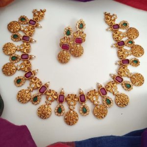 Elegant ram parivar matte finish necklace with perfect matching earrings.