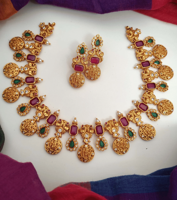 Elegant ram parivar matte finish necklace with perfect matching earrings.